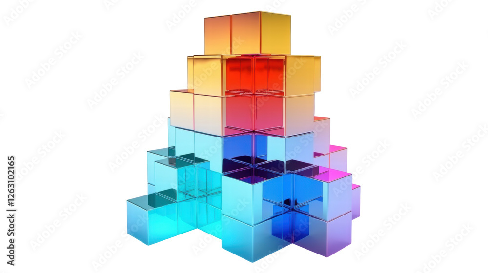 Colorful Geometric Pyramid of Stacked Transparent Cubes with Vibrant Gradient Illuminationon, PNG Background Colorful Geometric Pyramid of Stacked Transparent Cubes with Vibrant Gradient Illuminationon, PNG Background