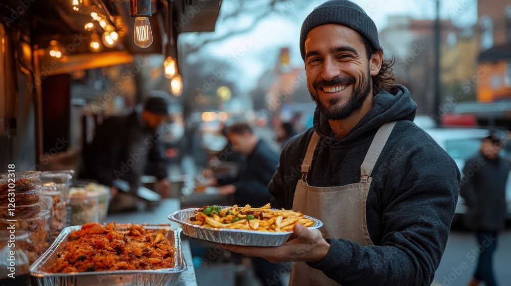 Street Food Vendor Smiling While Handing Over a Delicious Meal to a Customer Street Food Vendor Smiling While Handing Over a Delicious Meal to a Customer