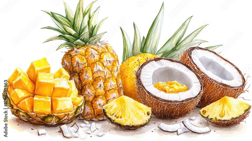 Watercolor painting of tropical fruits pineapple mango and coconut