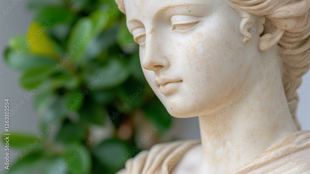 Peaceful marble statue of woman with soft expression and green foliage background Peaceful marble statue of woman with soft expression and green foliage background