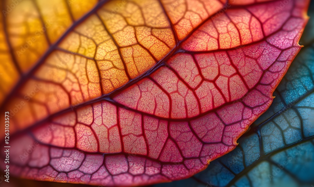 Obraz premium Close-up of a colorful leaf with detailed veins showcasing a spectrum of yellows reds and blues