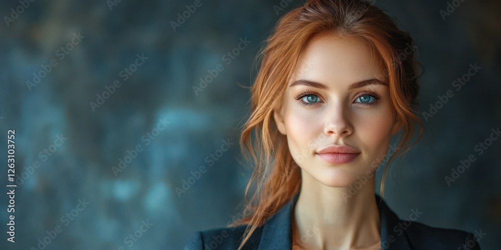 Young woman with striking blue eyes and red hair poses confidently in a stylish outfit against a textured background Young woman with striking blue eyes and red hair poses confidently in a stylish outfit against a textured background