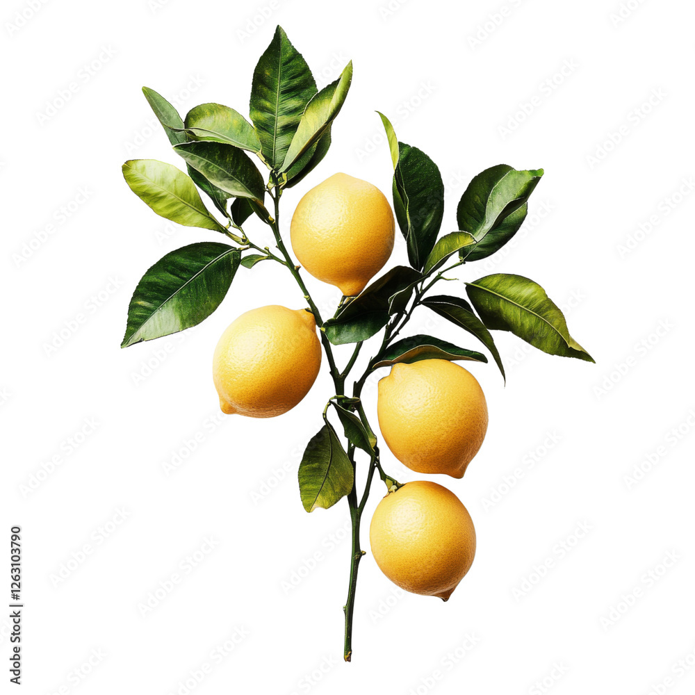 Fresh lemons on branch with green leaves, showcasing vibrant yellow fruit. Perfect for culinary uses or as decorative element in various settings Fresh lemons on branch with green leaves, showcasing vibrant yellow fruit. Perfect for culinary uses or as decorative element in various settings