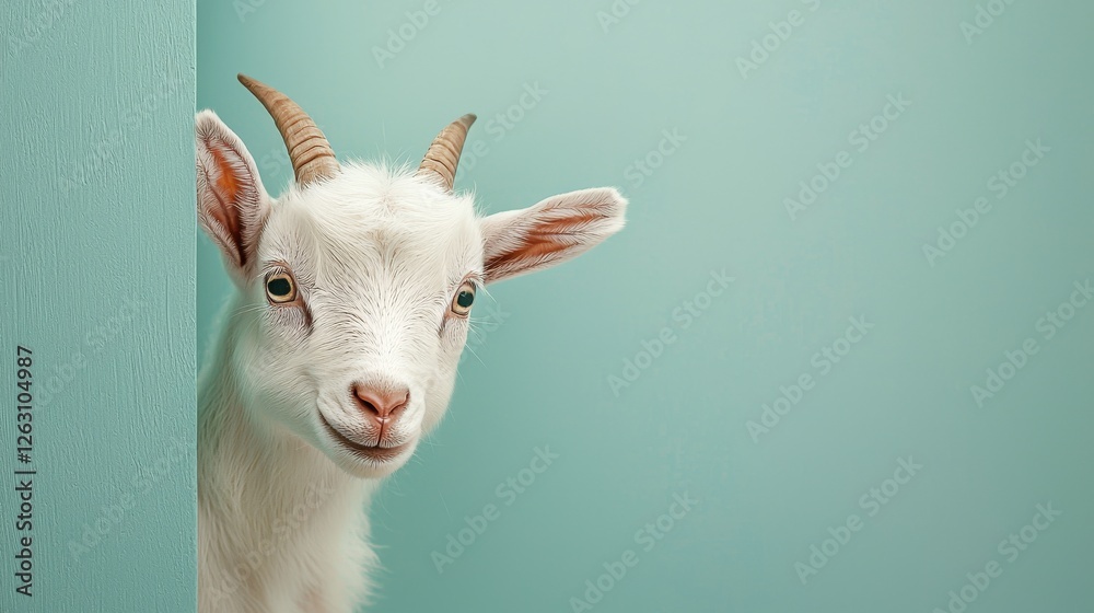 Obraz premium Adorable Fluffy White Baby Goat Peeking from Behind a Teal Wall
