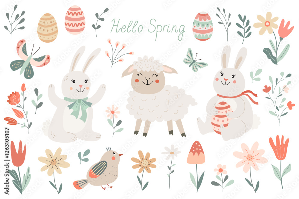 Spring and Easter clipart set with cute bunnies, lamb, decorated eggs, flowers, birds, and butterflies. Perfect for greeting cards, scrapbooking, stickers, prints, invitations, and festive decorations Spring and Easter clipart set with cute bunnies, lamb, decorated eggs, flowers, birds, and butterflies. Perfect for greeting cards, scrapbooking, stickers, prints, invitations, and festive decorations