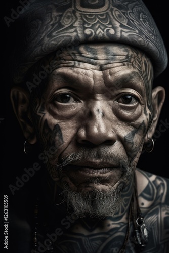 Elderly Man With Extensive Tribal Tattoos