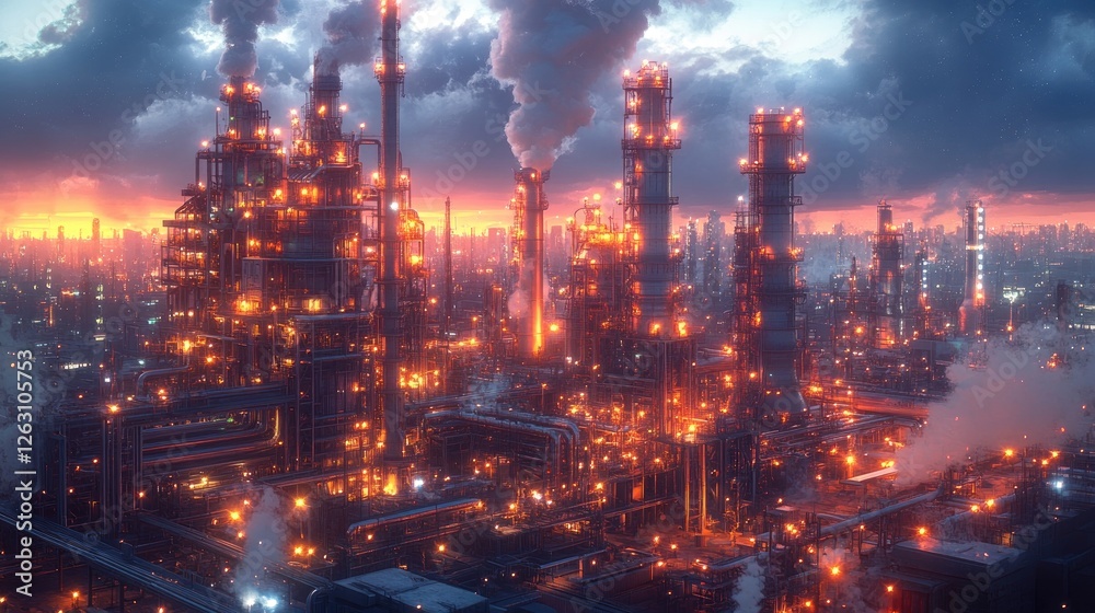 Fototapeta premium Illuminated Industrial Complex at Sunset Over Cityscape