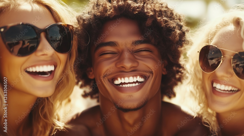 Friends enjoying laughter and joy during a sunny summer day at the beach with smiles and good vibes Friends enjoying laughter and joy during a sunny summer day at the beach with smiles and good vibes
