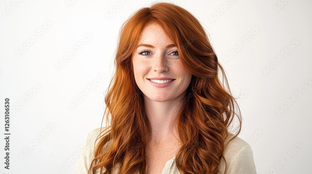 Smiling Woman with Long Wavy Red Hair Warmly. Smiling Woman with Long Wavy Red Hair Warmly.