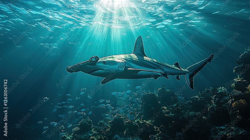Obraz premium Hammerhead Shark Swimming in Ocean Sunlight
