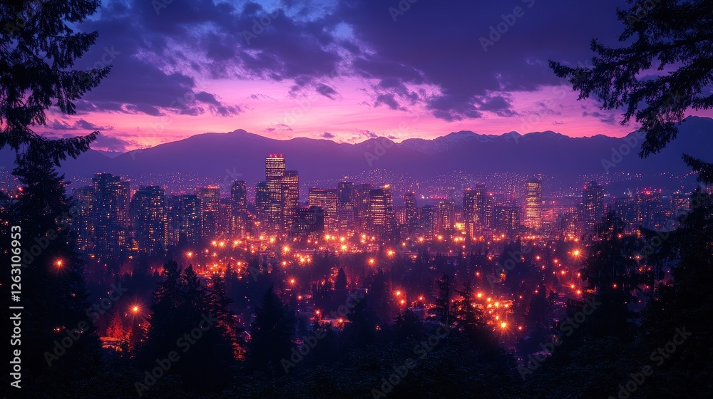 Fototapeta premium City Skyline Twilight Mountains Night Lights