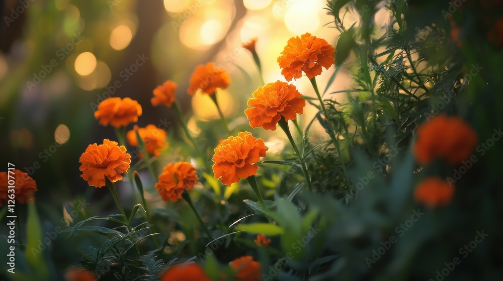Obraz premium A field of orange flowers with a bright sun shining on them