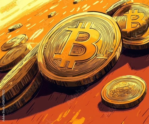 Bitcoin logo on orange background featuring cartoon style illustration