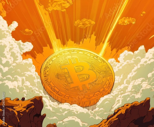 Bitcoin logo on orange background featuring cartoon style illustration