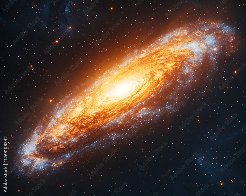 Naklejka premium Surreal Glowing Spiral Galaxy with Radiant Starry Night Sky Backdrop