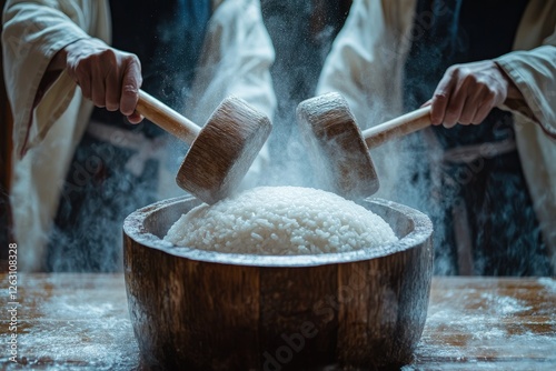 A festive scene of two people pounding steamed rice with a heavy wooden mallet in a traditional usu mortar, celebrating the Japanese mochi-making process, copy space background photo