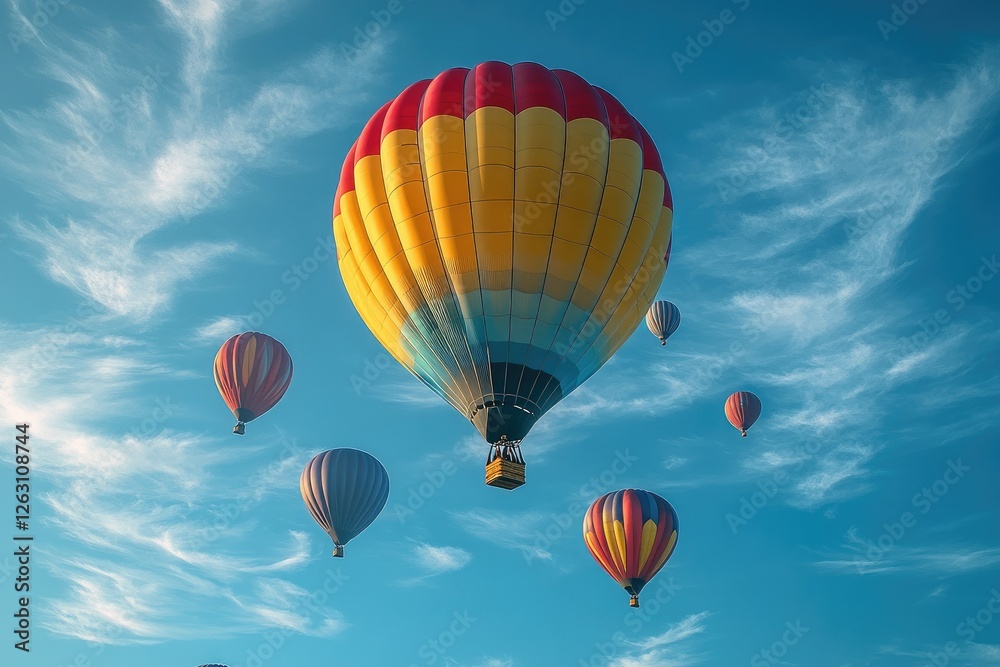A mesmerizing low-angle view of multiple hot air balloons in vibrant shades of red, yellow, and blue, floating gracefully against a bright blue sky with wispy clouds, copy space background A mesmerizing low-angle view of multiple hot air balloons in vibrant shades of red, yellow, and blue, floating gracefully against a bright blue sky with wispy clouds, copy space background