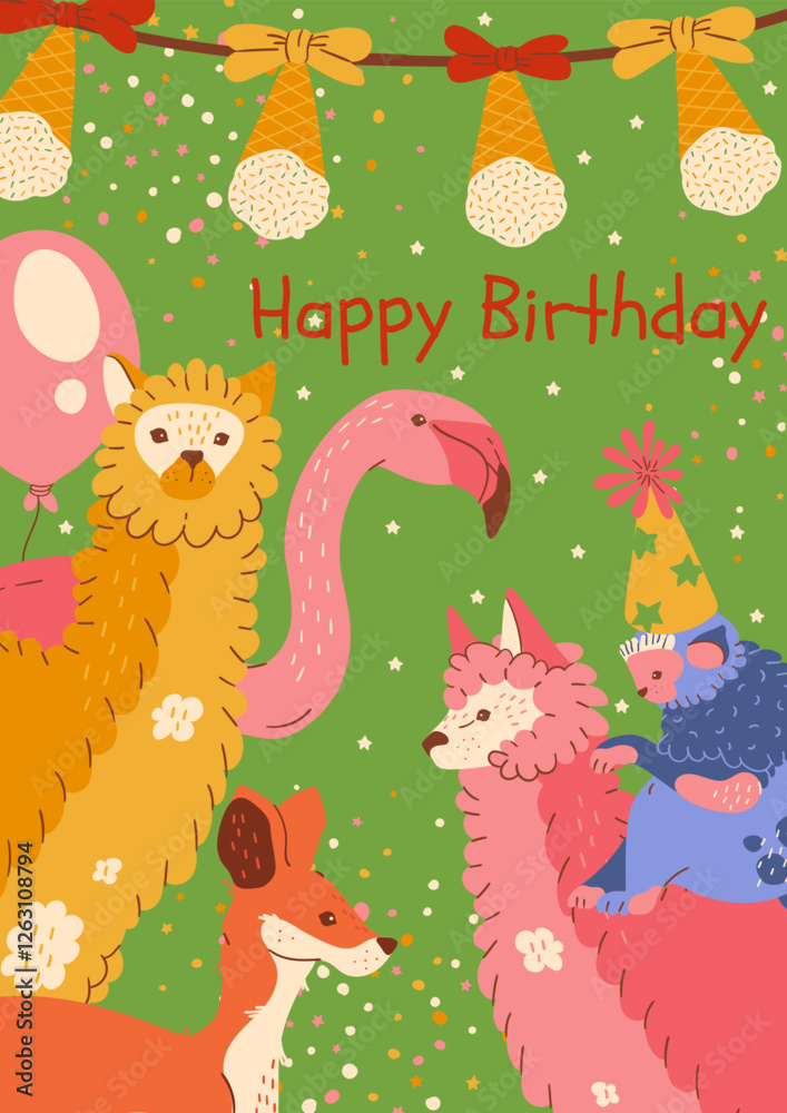Obraz premium Animals by wrapped presents, balloons and confetti