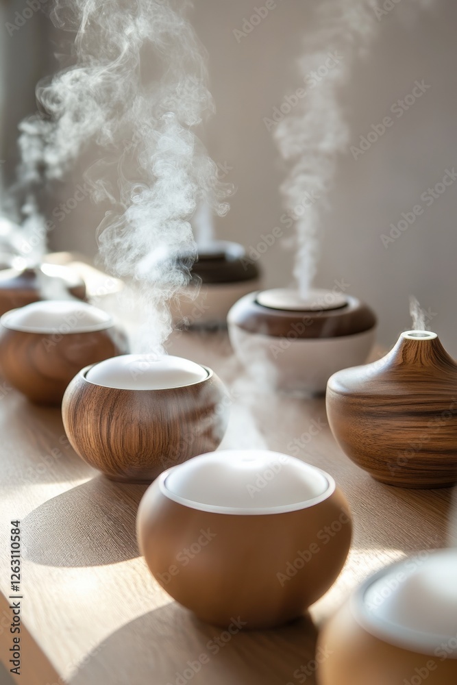 Aromatherapy session with diffusers releasing scented steam Aromatherapy session with diffusers releasing scented steam