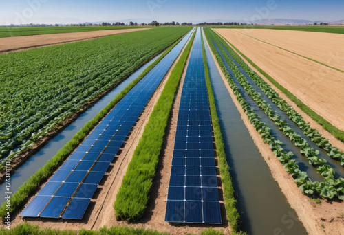 Granja ecológica alimentada por energía solar con sensores flotantes en canales de riego que proporciona análisis de la calidad del agua en tiempo real
 photo