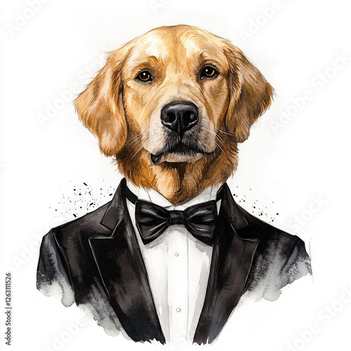 A Golden Retriever in a bow tie and tuxedo, looking formal, watercolor hand draw illustration on white background.