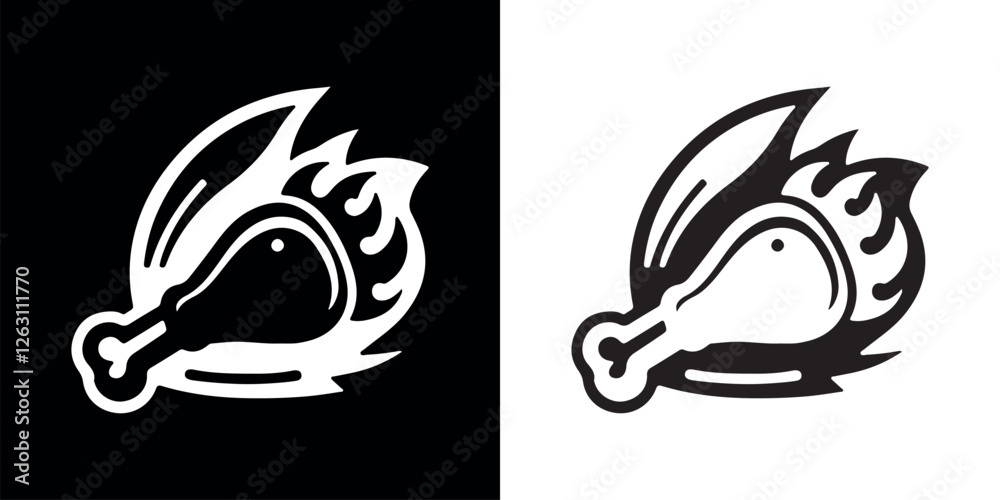 Fototapeta premium Stylized icons of a chicken drumstick with flames on contrasting backgrounds