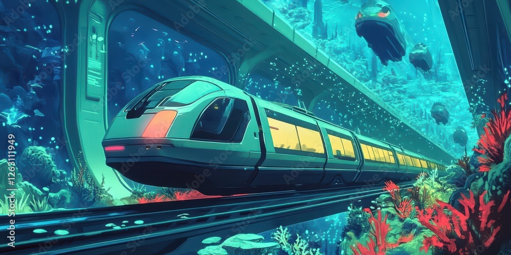 Fototapeta premium Futuristic train travels through an underwater tunnel amidst coral reefs