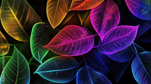 Neon tropical leaves glowing in bold colors in high fidelity x6