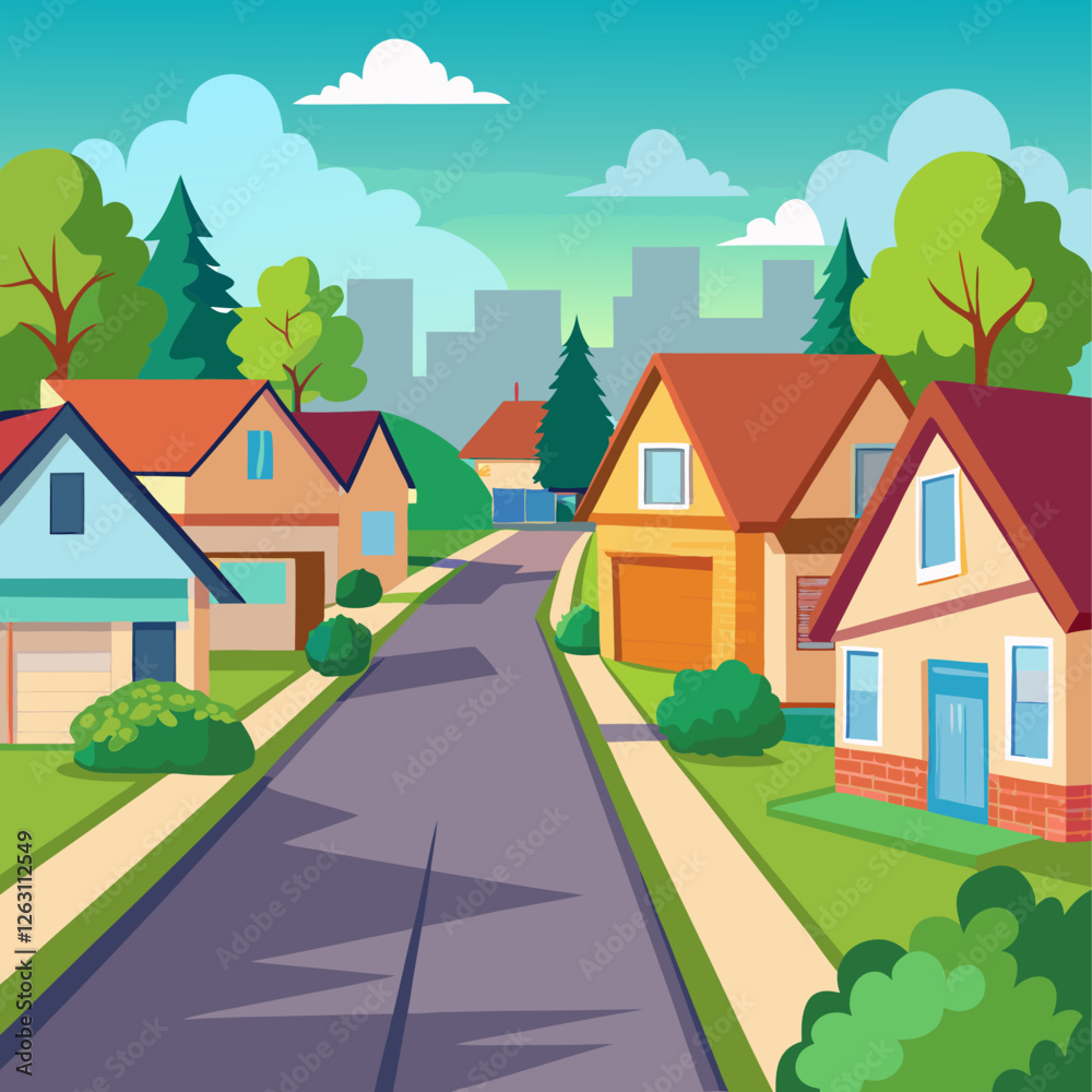 Naklejka premium A colorful suburban street with houses and trees.