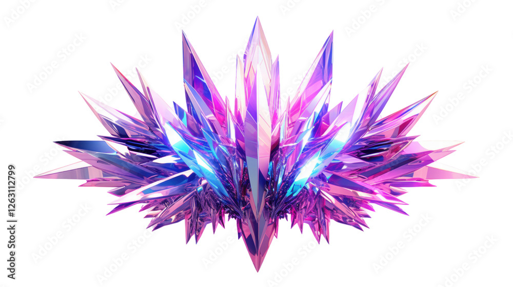 Obraz premium Intricate Geometric Crystal Formation with Shimmering Pink and Blue Hues on Transparent Background