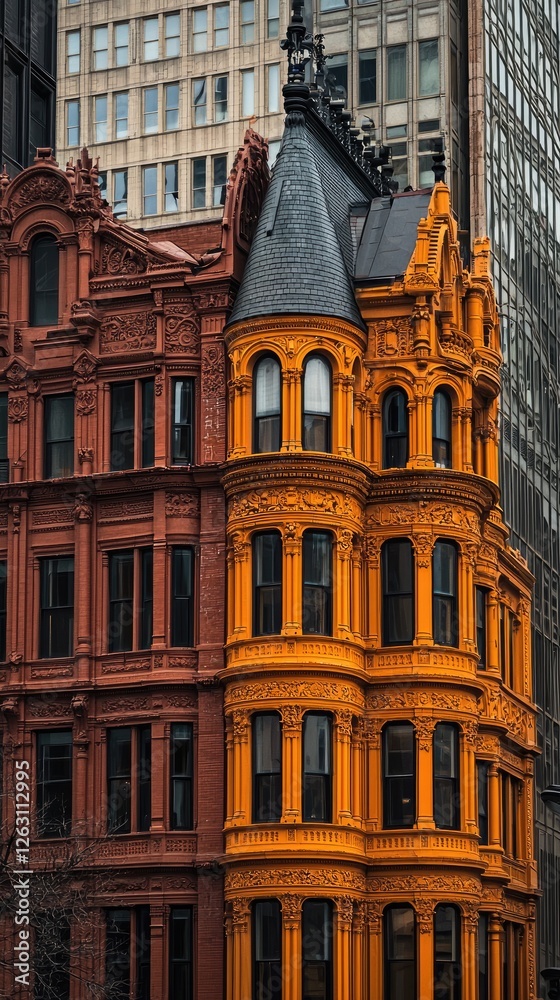 Fototapeta premium Orange and red buildings, city skyline, architecture detail, urban landscape, real estate