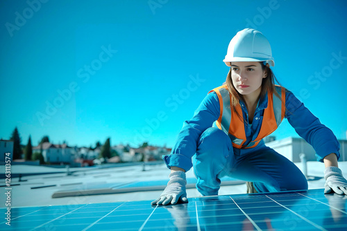 A woman engineer wearing a hard hat and safety vest installing a solar panel in a roof.