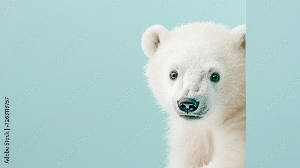 Adorable Polar Bear Cub Peeking from Behind a Light Blue Wall, Covered in Sparkling Ice Crystals Adorable Polar Bear Cub Peeking from Behind a Light Blue Wall, Covered in Sparkling Ice Crystals