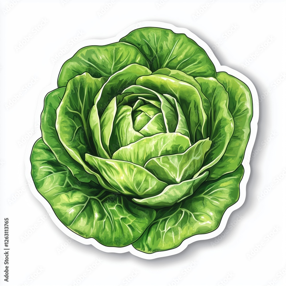 Fototapeta premium Little Gem Lettuce sticker in full view isolated on white background with bold stroke and simple design