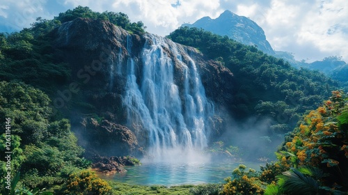 Majestic Waterfall, Lush Jungle, Sunny Day