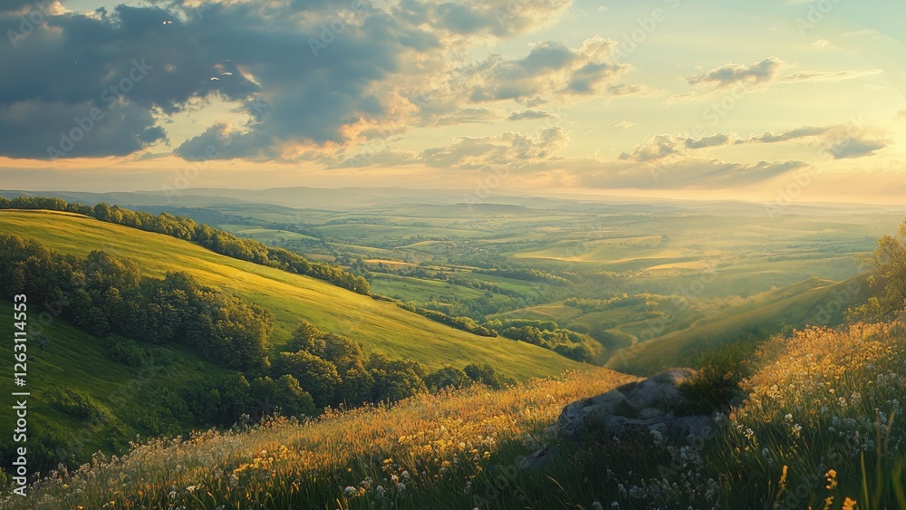 Fototapeta premium A hilltop, gazing at a vast, serene landscape. The scene evokes a sense of peace, tranquility, connection with nature. The overall image should convey a message of hope, healing, and mental well-being