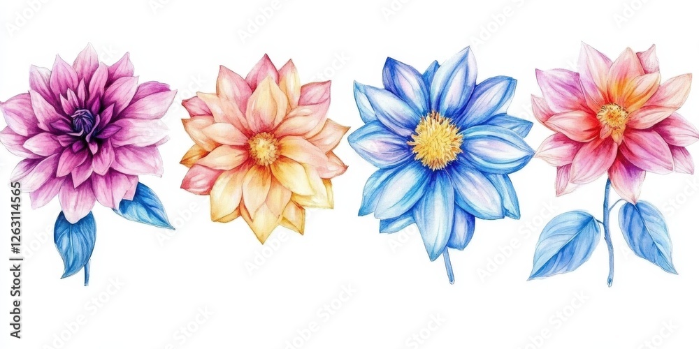Obraz premium A captivating watercolor of a blue dahlia, showcasing its vibrant, detailed petals in hues of pink and purple, rendered in lifelike precision