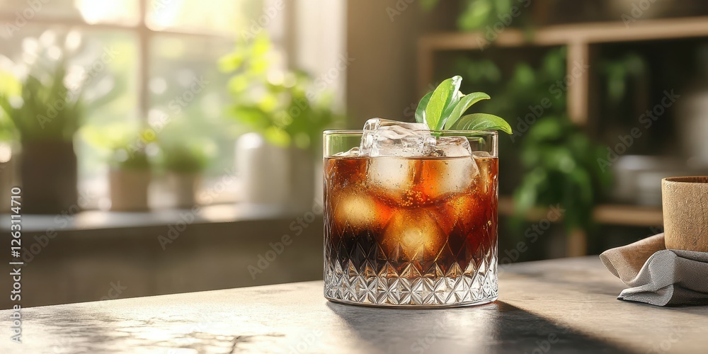 Refreshing cocktail served in a crystal glass with ice and mint leaves against a bright, green backdrop Refreshing cocktail served in a crystal glass with ice and mint leaves against a bright, green backdrop