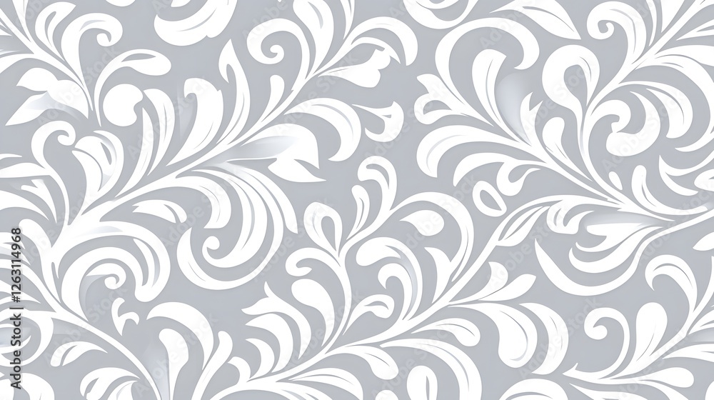 Elegant White Floral Swirl Pattern on Soft Gray Background Elegant White Floral Swirl Pattern on Soft Gray Background