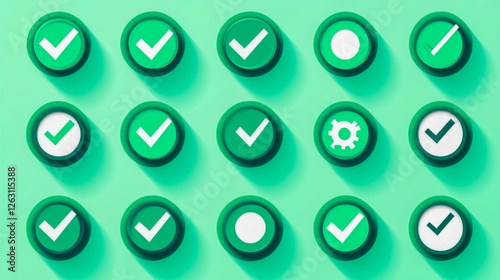 Set of green checkmark icons, tick symbols, checklist icons, and approval badges photo