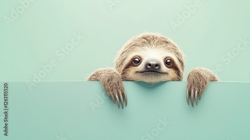 Adorable Sloth Peeking Over a Teal Textured Surface: A Charming and Peaceful Wildlife Image