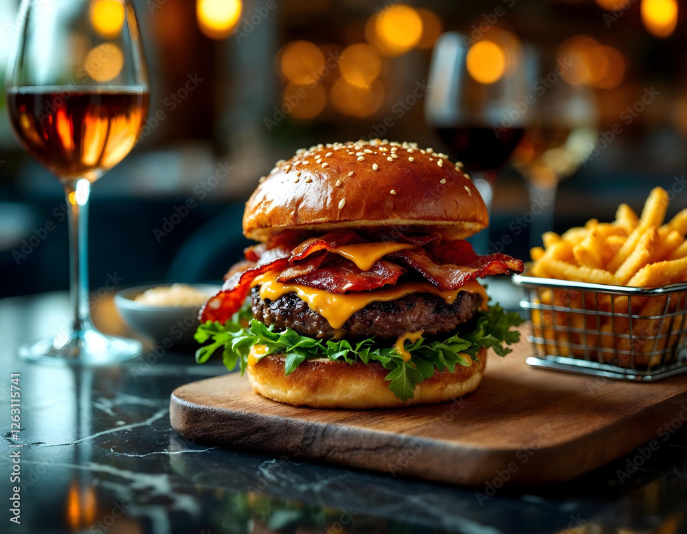 Luxury gourmet burger in a fine dining restaurant. Juicy wagyu beef patty, melted aged cheddar, crispy bacon, brioche bun. Warm golden lighting, elegant background with blurred wine glasses