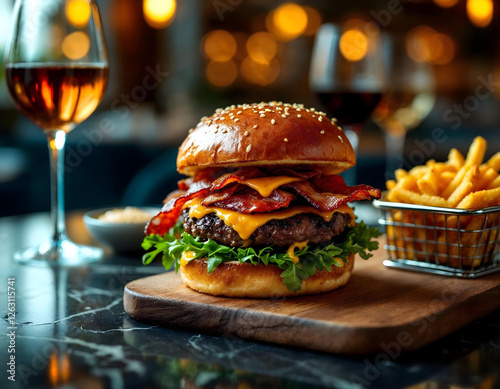 Obraz na płótnie Luxury gourmet burger in a fine dining restaurant. Juicy wagyu beef patty, melted aged cheddar, crispy bacon, brioche bun. Warm golden lighting, elegant background with blurred wine glasses w salonie