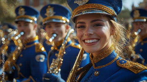 Wallpaper Mural Smiling Saxophonist in a Marching Band: A young woman with a radiant smile plays the saxophone, front and center in a vibrant marching band. Torontodigital.ca