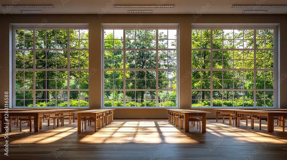 Sunny classroom with large windows overlooking park Sunny classroom with large windows overlooking park
