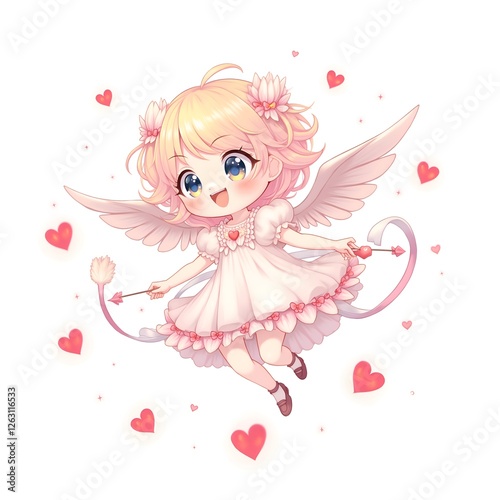 Playful angelic character with hearts