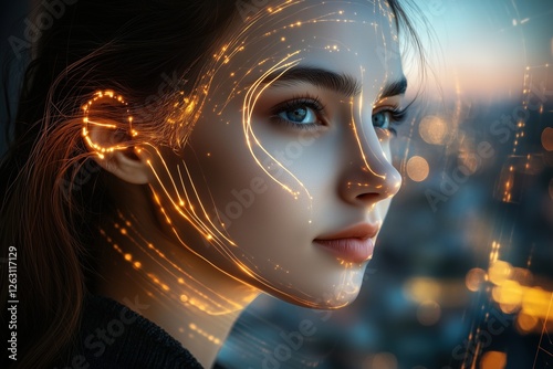 Woman with digital face projection surrounded by modern technology at dusk. Photo reflects futuristic technologies, the future of artificial intelligence.