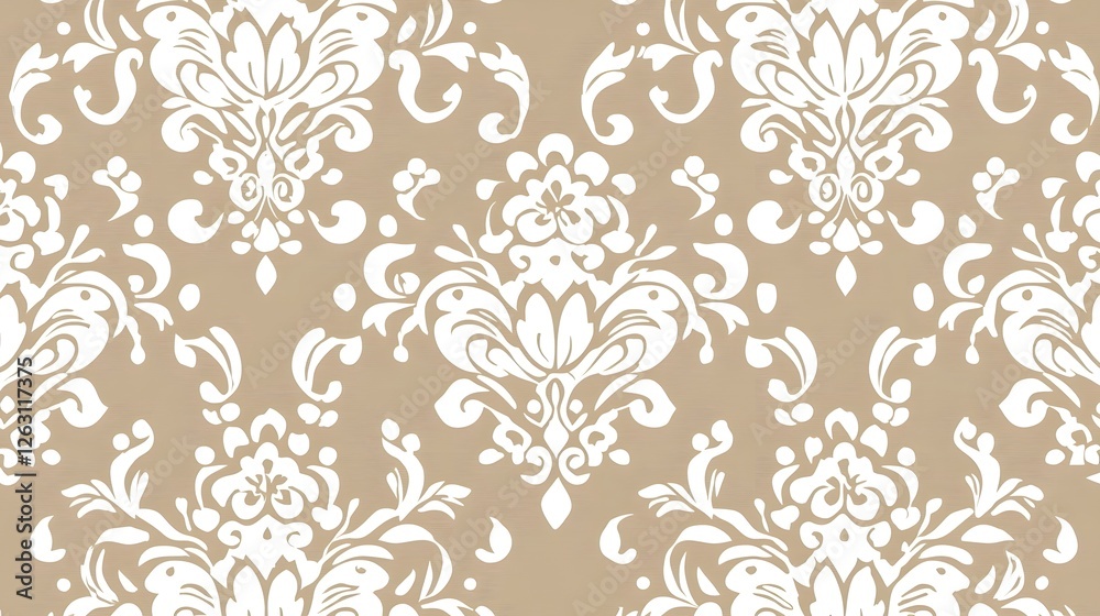 Elegant White Floral Damask Pattern on Beige Background Elegant White Floral Damask Pattern on Beige Background