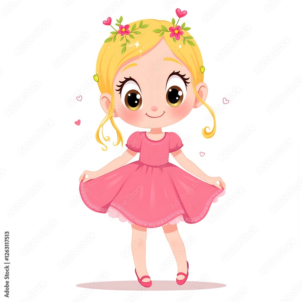 Adorable girl in a pink dress with floral accents Adorable girl in a pink dress with floral accents