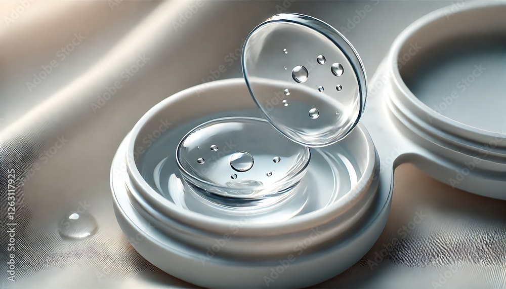 a pair of clear contact lenses in their case filled with lens solution. Generative AI a pair of clear contact lenses in their case filled with lens solution. Generative AI